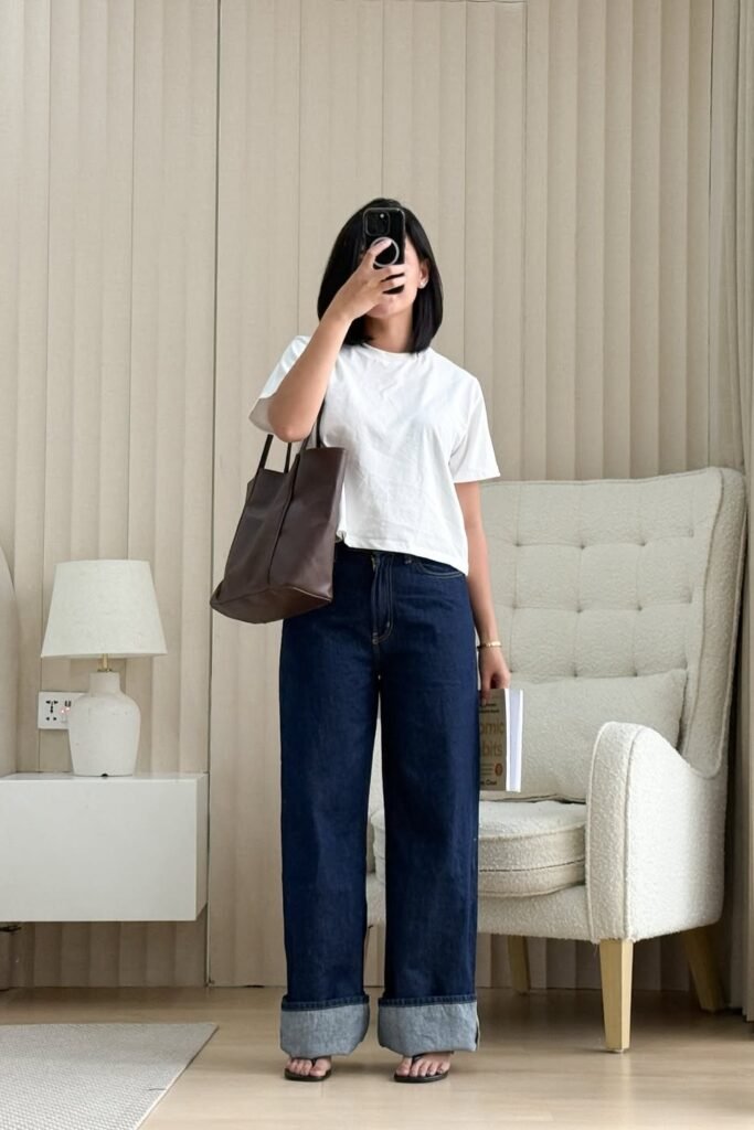 White T-shirt + Cuffed Wide-Leg Dark Jeans + Black Thong Sandals