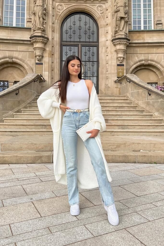 White Tank Top + Light Wash Straight Jeans + Oversized White Cardigan + White Sneakers
