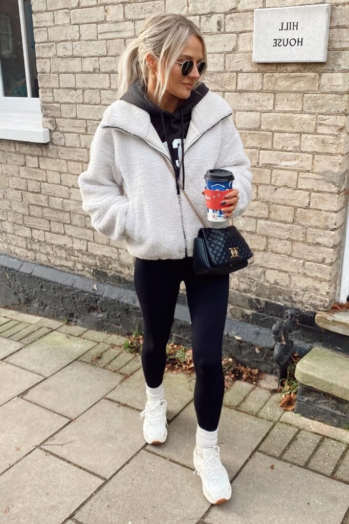 White Teddy Bomber Jacket + Black Leggings + White Chunky Sneakers