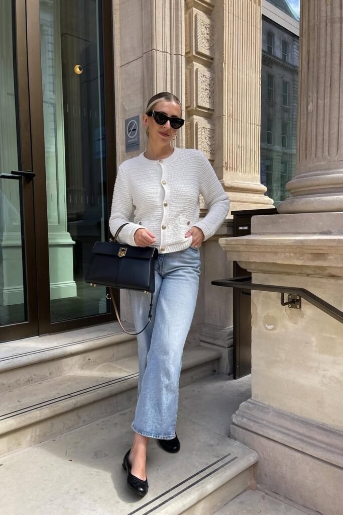 White Textured Cardigan + Light Wash Straight-Leg Jeans + Black Ballet Flats