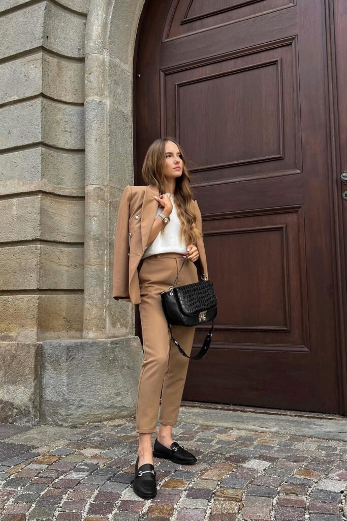 White Textured Top + Camel Blazer + Camel Tailored Trousers + Black Loafers