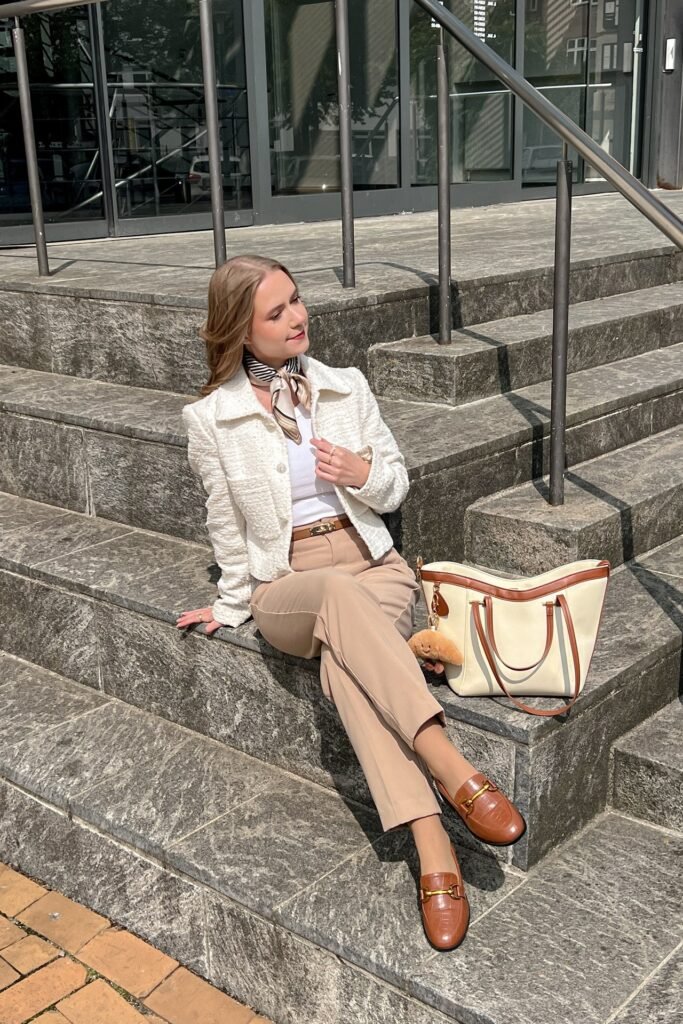 White Textured Tweed Jacket + Beige Trousers + Brown Loafers