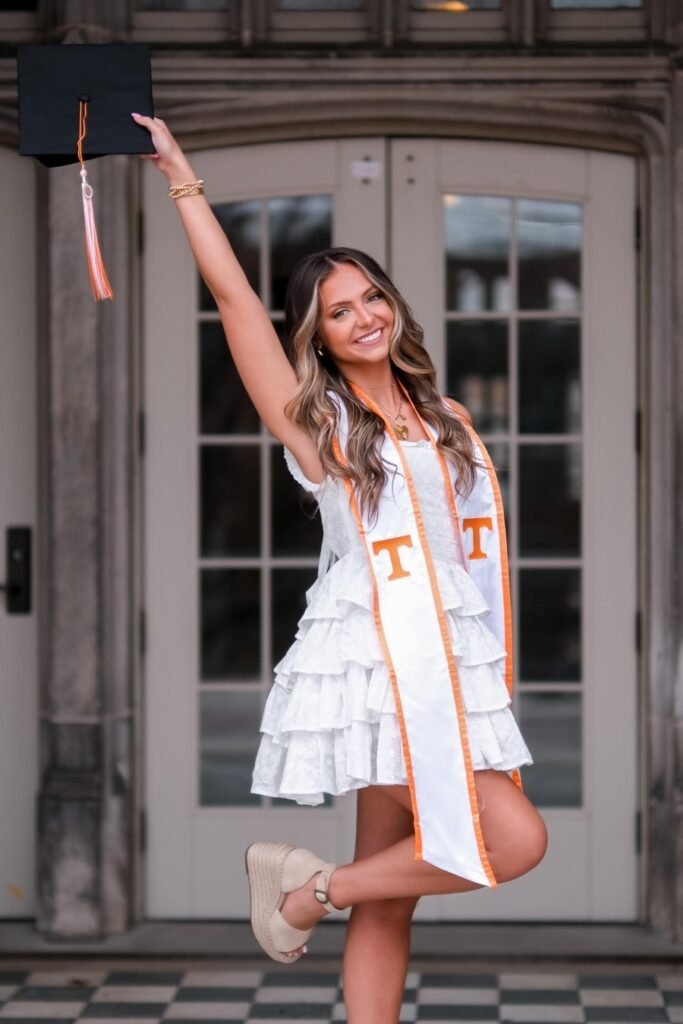 White Tiered Eyelet Dress + Graduation Cap & Stole + Tan Wedge Sandals
