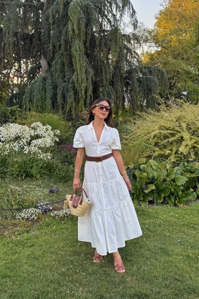 White Tiered Midi Dress + Brown Waist Belt + Tan H-Strap Sandals