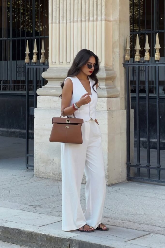 White V-Neck Button-Up Vest + White Wide-Leg Trousers + Tan Leather Top-Handle Bag + Black Strappy Sandals