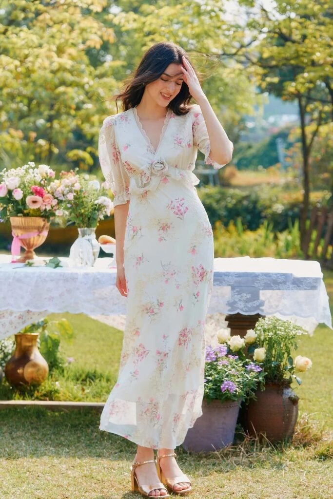 White V-Neck Floral Maxi Dress with Puff Sleeves + Gold Block-Heel Sandals