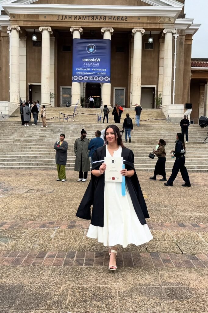 White V-Neck Midi Dress + Black Graduation Gown + White Strappy Sandals