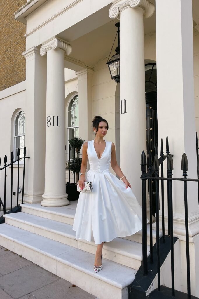White V-Neck Pleated Midi Dress + Floral Box Clutch + Floral Pointed-Toe Pumps