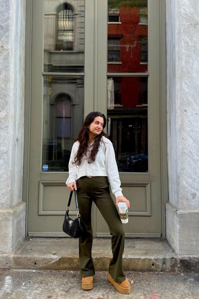 White Zip-Up Hoodie + Olive Green Flared Yoga Pants + Tan Platform Boots