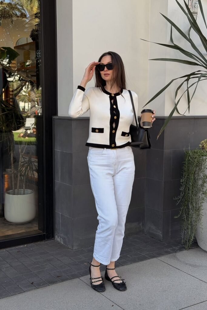 White and Black Trim Cardigan + White Straight-Leg Jeans + Black Strappy Flats