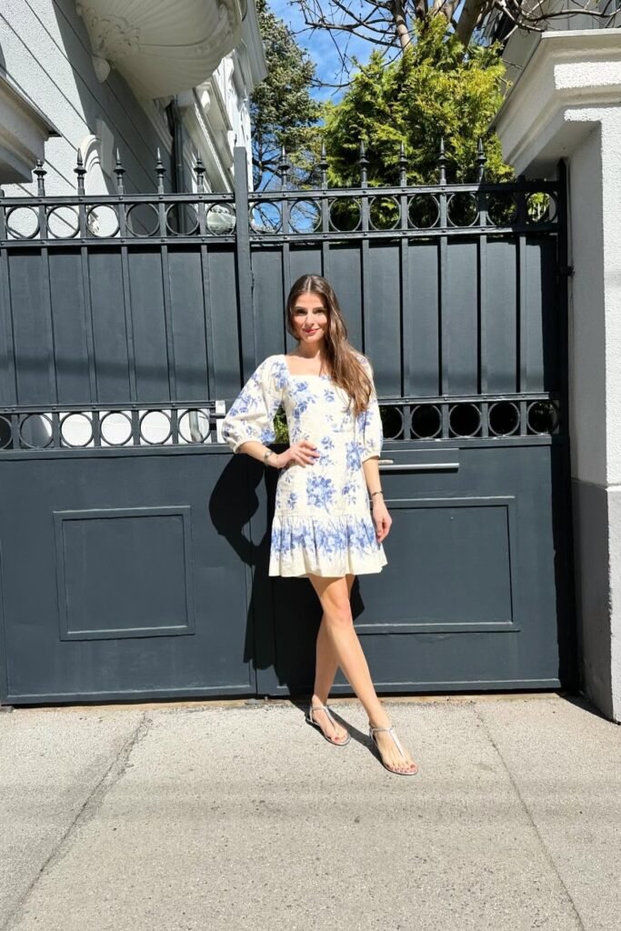 White and Blue Floral Puff-Sleeve Mini Dress + Silver T-Strap Flat Sandals