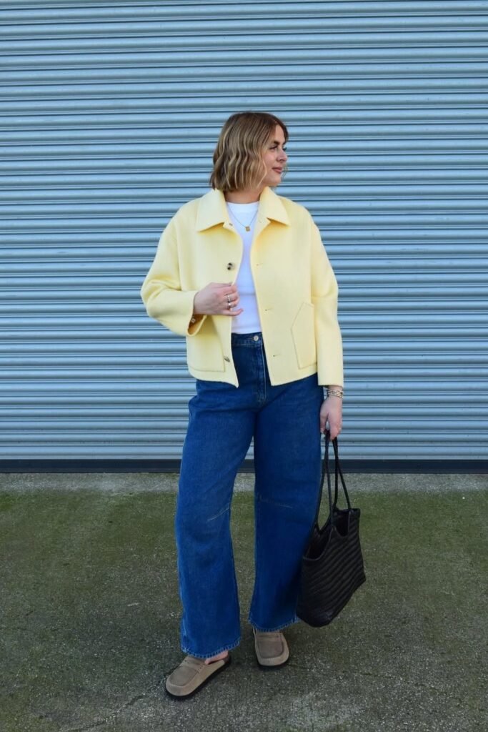 Yellow Boxy Jacket + White T-Shirt + Dark Wash Wide Leg Jeans + Beige Loafers