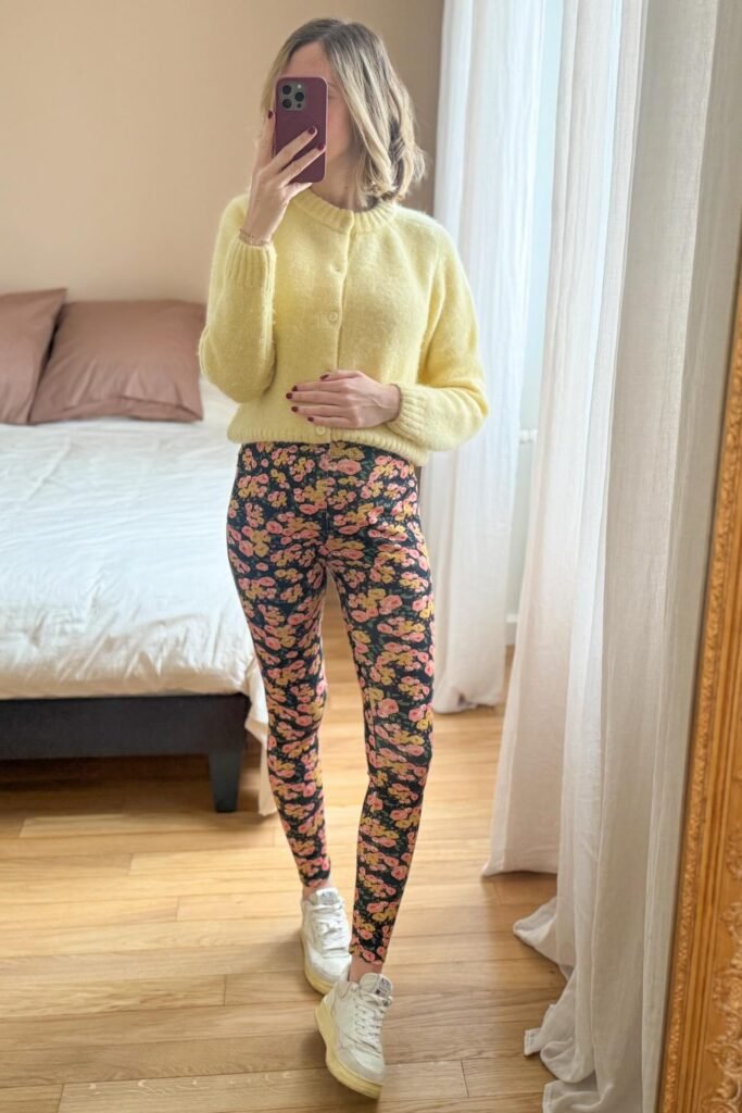 Yellow Button-Up Cardigan + Floral Print Leggings + White Sneakers