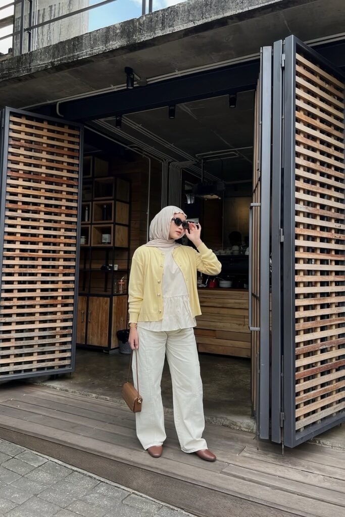 Yellow Cardigan + Striped Peplum Top + White Wide-Leg Trousers + Brown Flats