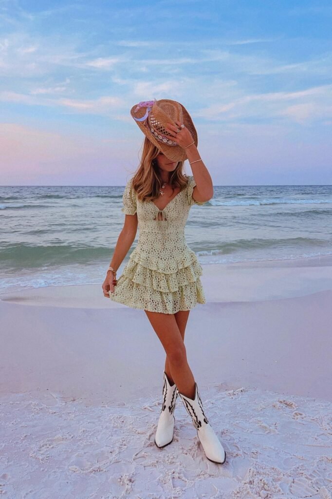 Yellow Floral Ruffle Dress + Straw Cowboy Hat + White Patterned Cowboy Boots