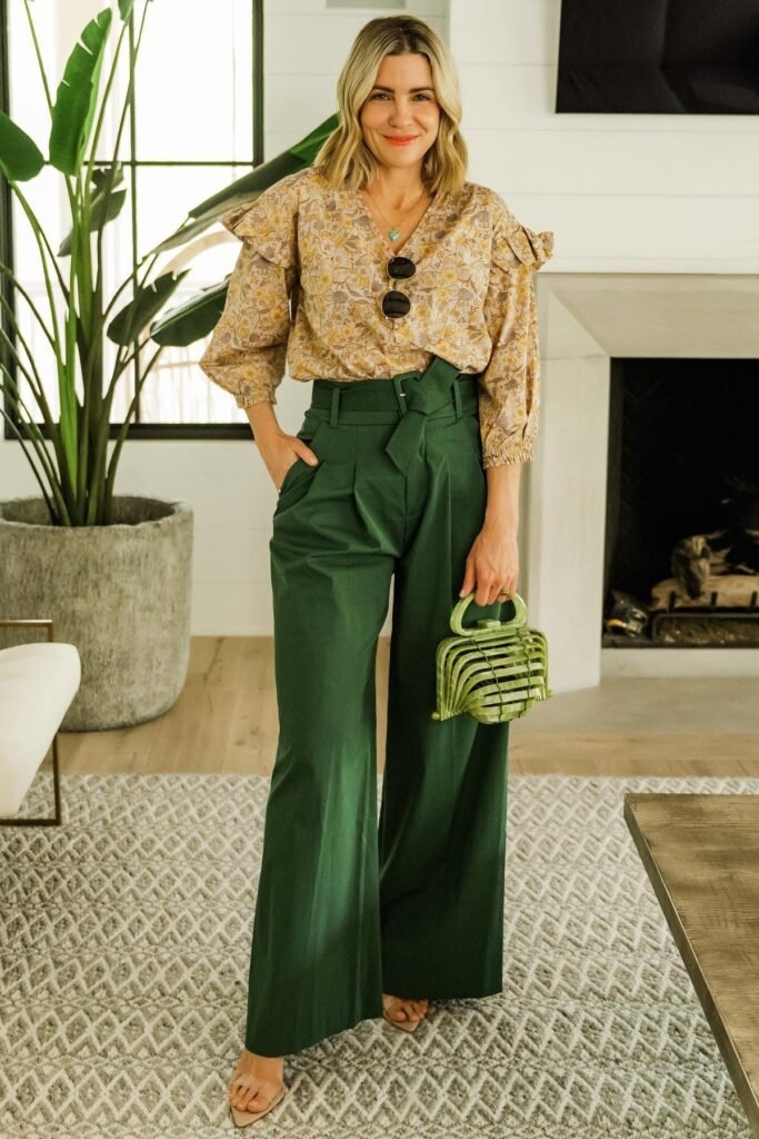 Yellow Floral Ruffled Blouse + Dark Green Wide-Leg Trousers + Nude Sandals