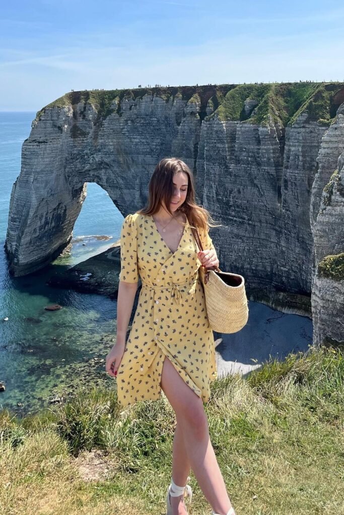Yellow Floral Wrap Mini Dress + Straw Bucket Bag + White Lace-up Espadrilles