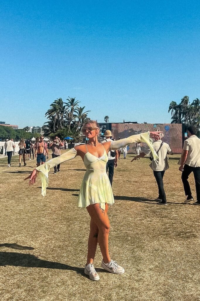 Yellow Mesh Mini Dress + Matching Sheer Flare Sleeves + White Sneakers
