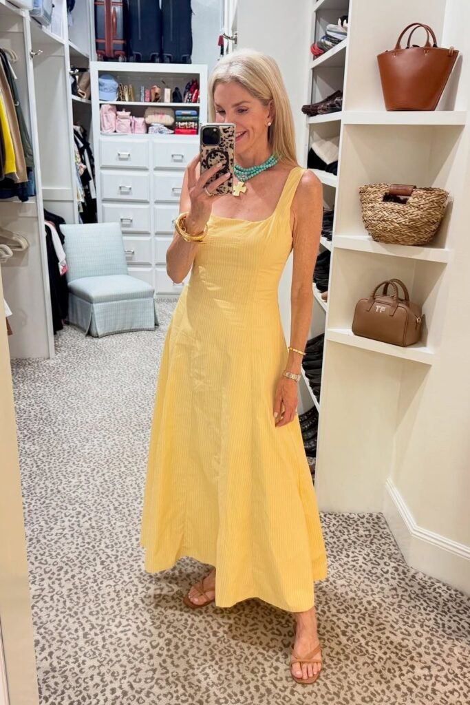 Yellow Pinstripe Square-Neck Maxi Dress + Tan Thong Sandals + Turquoise Statement Necklace