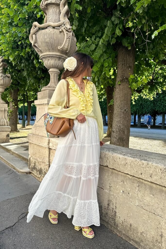 Yellow Ruffled Long-Sleeve Blouse + White Eyelet Tiered Maxi Skirt + Yellow Patterned Platform Sandals