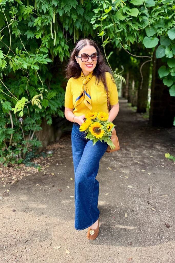 Yellow Short-Sleeve Knit Top + Dark Blue Wide-Leg Jeans + Tan Loafers