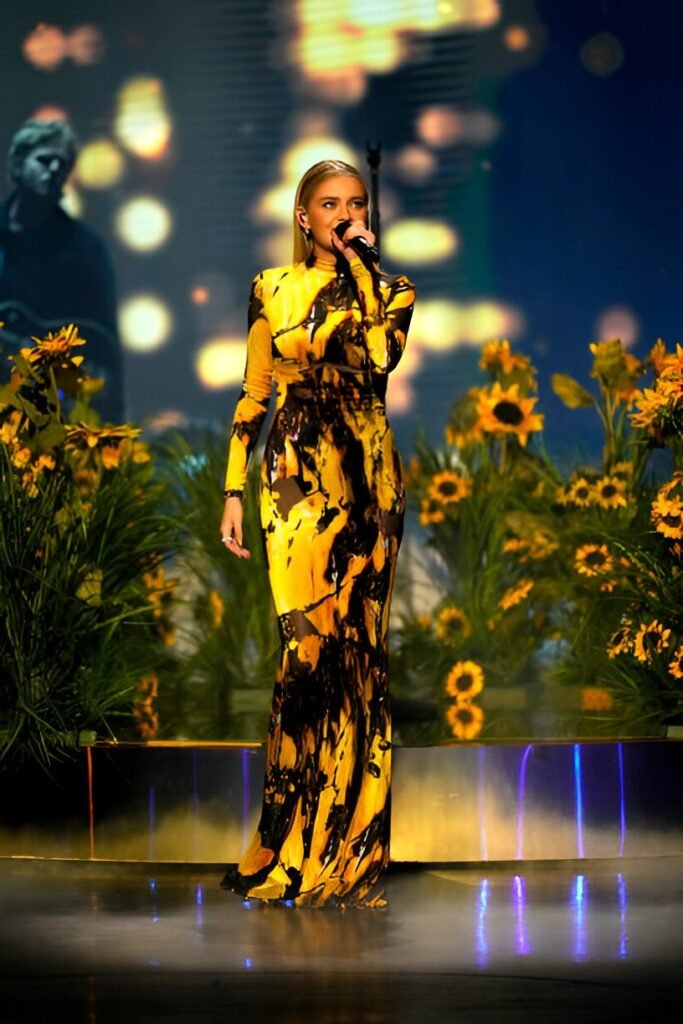 Yellow and Black Abstract Floral Maxi Dress + Sleek Back Hairstyle