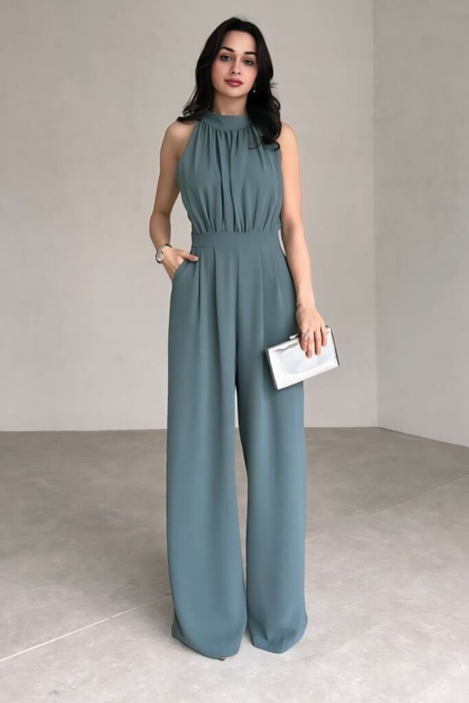 Fashion-forward jumpsuit brunch outfit in slate blue with a halter neck and wide-leg silhouette, accessorized with a silver clutch.