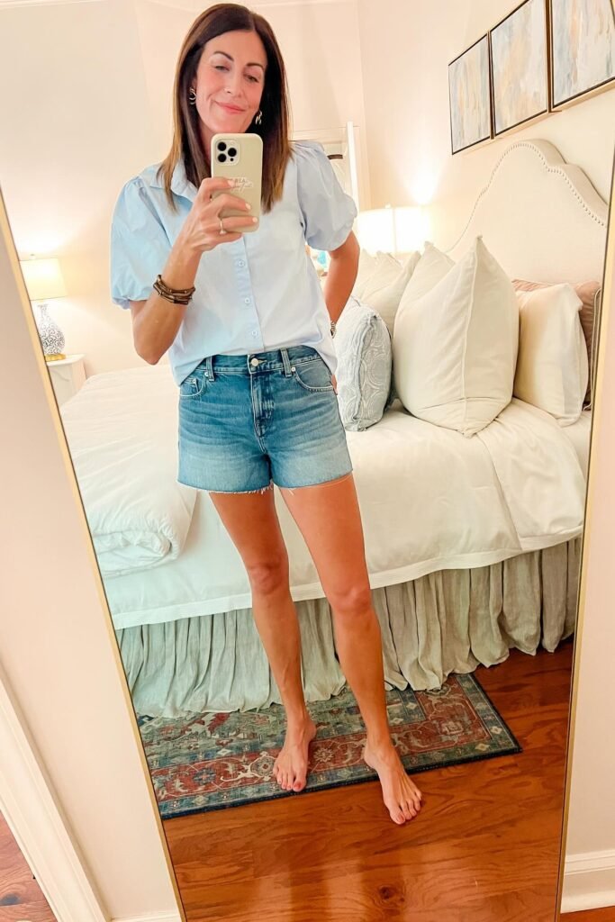 Light Blue Puff Sleeve Button-Down + Mid-Wash Denim Shorts + Barefoot