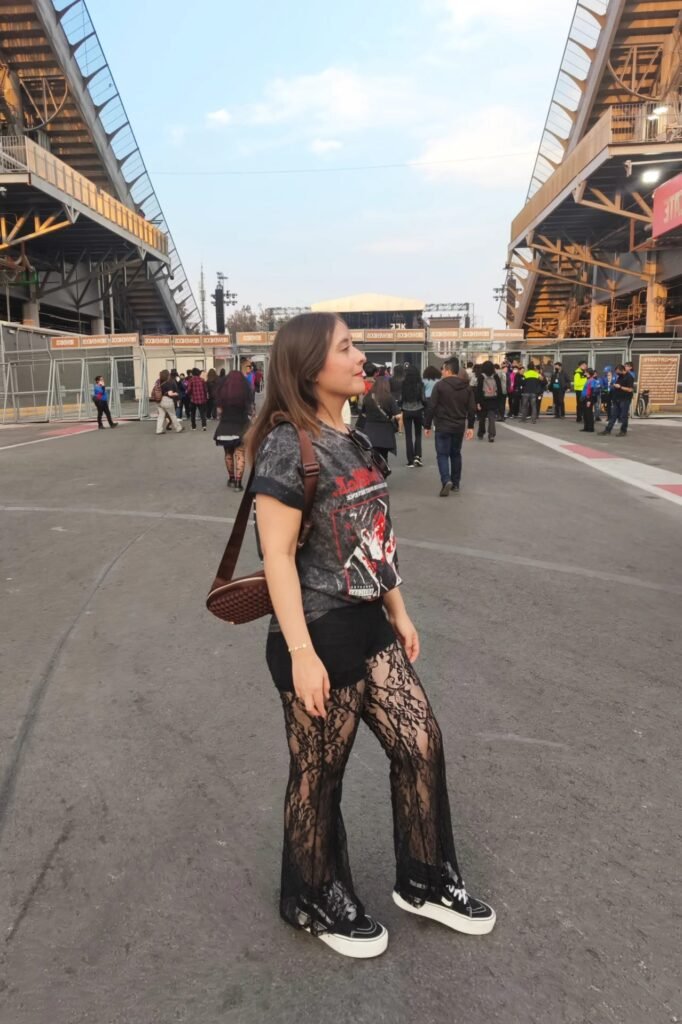 Acid-Wash Graphic Tee + Black Lace Flared Trousers + Black & White Platform Sneakers