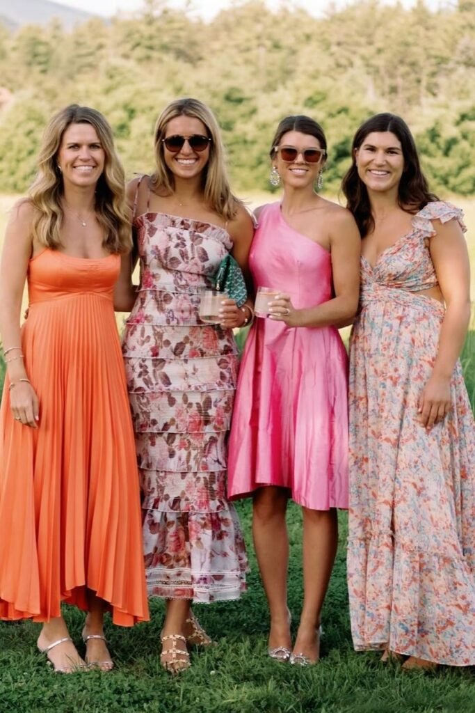 Assorted Cocktail Dresses (Orange Pleated, Floral Tiered, Pink One-Shoulder, Floral Cut-Out) + Heeled Sandals