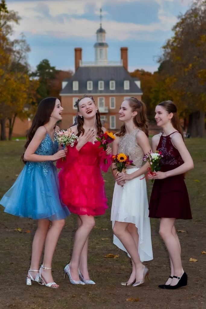 Assorted Semi-Formal Party Dresses + Sparkling Block Heels + Floral Bouquets