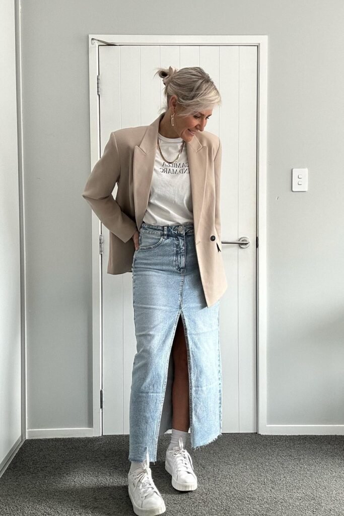 Beige Blazer + White Graphic Tee + Long Denim Skirt with Slit + White Platform Sneakers