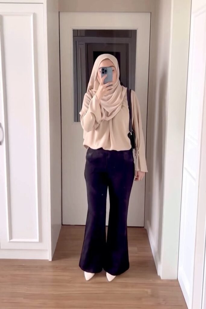 Beige Blouse + Black High-Waisted Flared Trousers + White Pointed-Toe Heels