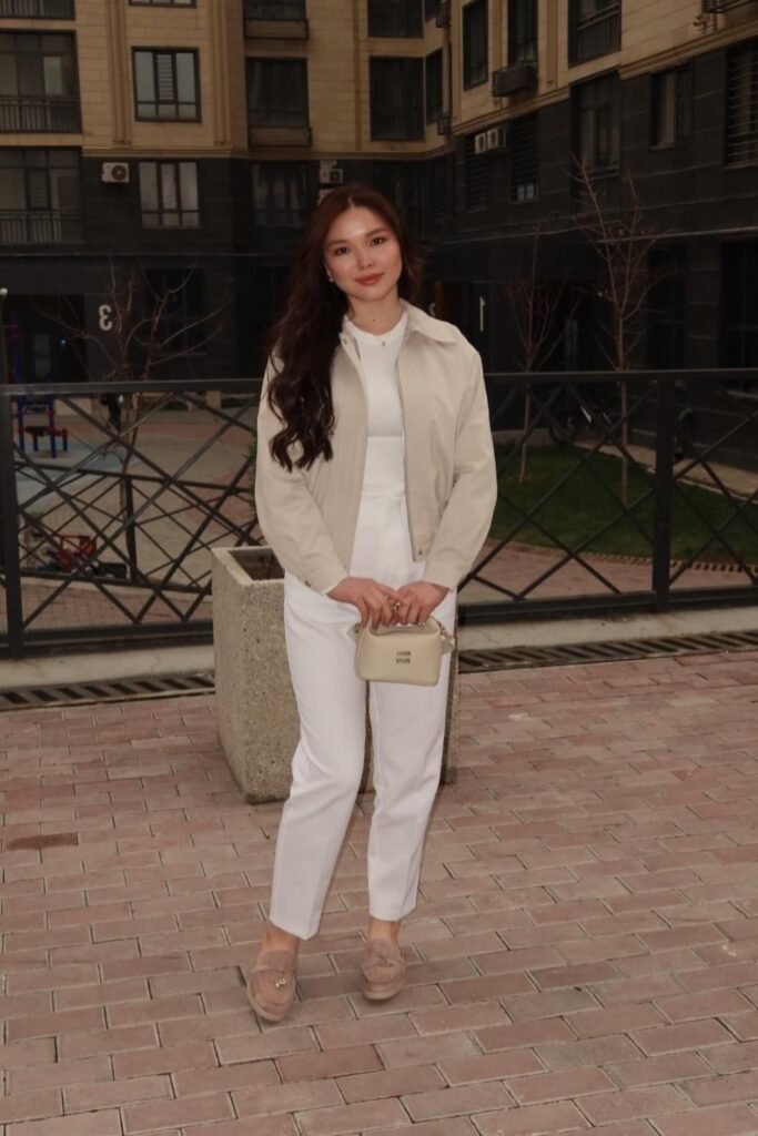 Beige Bomber Jacket + White T-Shirt + White Tapered Trousers + Pink Suede Loafers