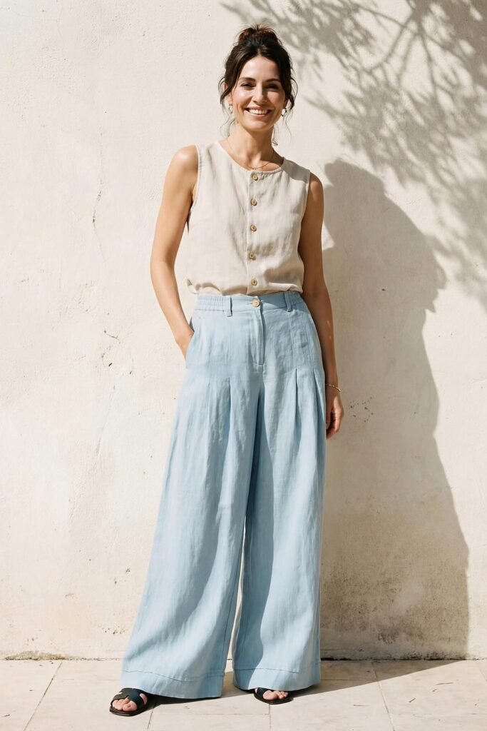 Beige Button-Front Sleeveless Top + Light Blue Wide-Leg Pleated Trousers + Black Slide Sandals