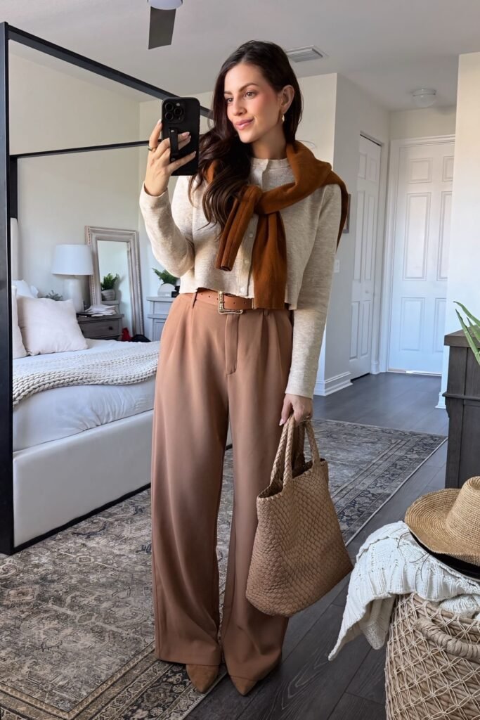 Beige Cardigan + Brown Wide-Leg Trousers + Brown Pointed Suede Heels