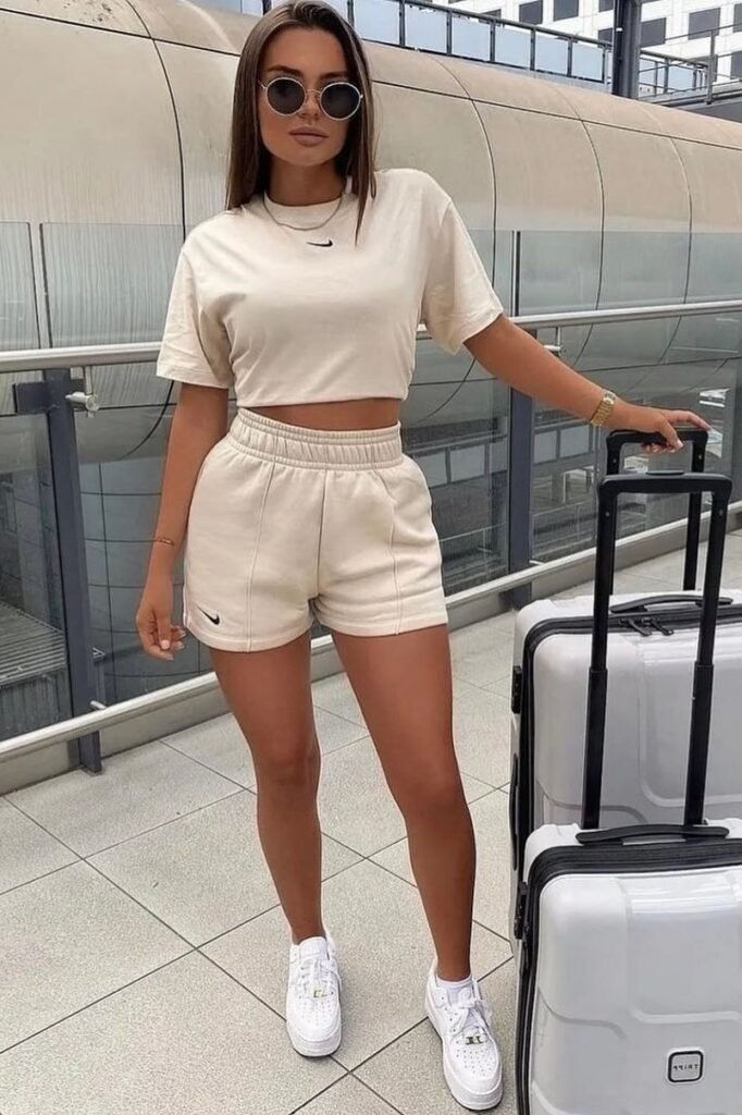 Beige Cropped T-Shirt + Beige Sweat Shorts + White Platform Sneakers