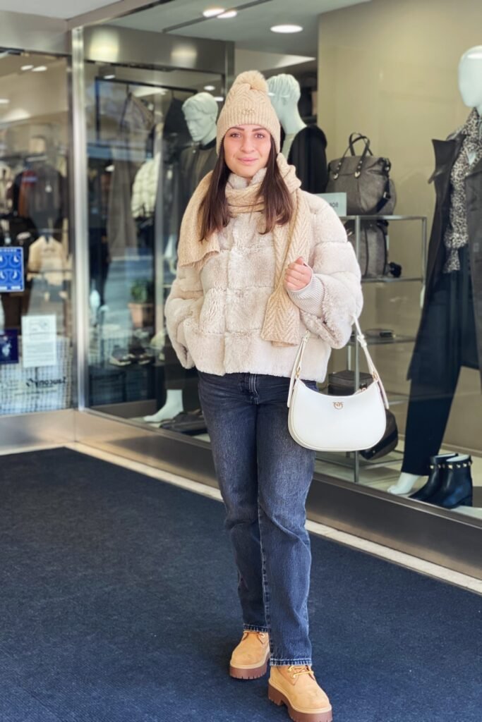 Beige Faux Fur Jacket + Dark Straight-Leg Jeans + Tan Platform Boots