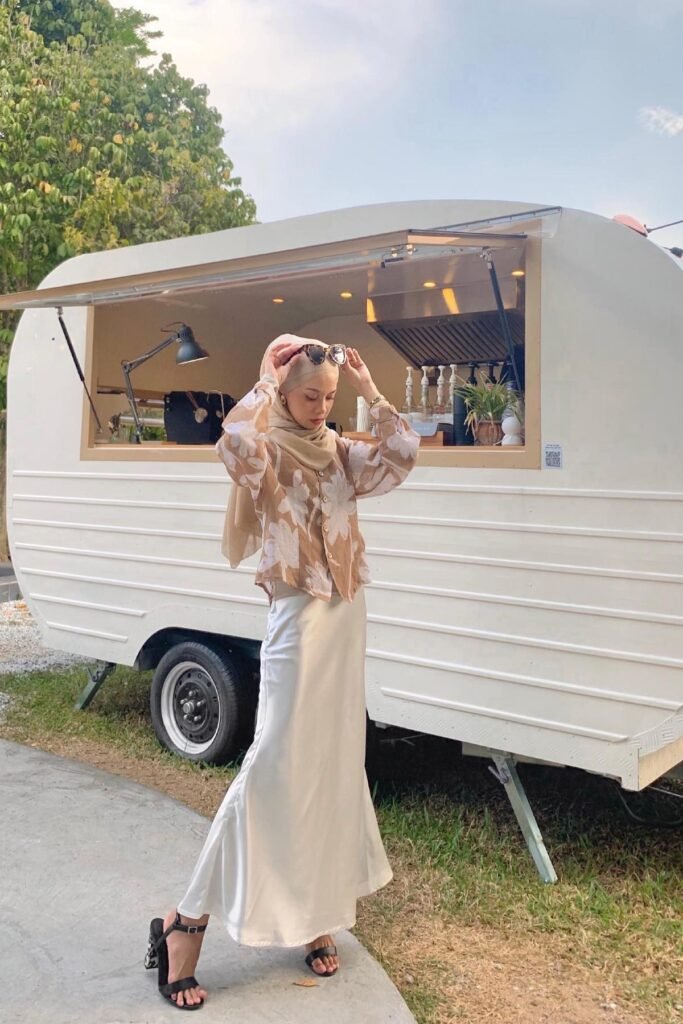 Beige Floral Sheer Blouse + Cream Satin Maxi Skirt + Black Heeled Sandals