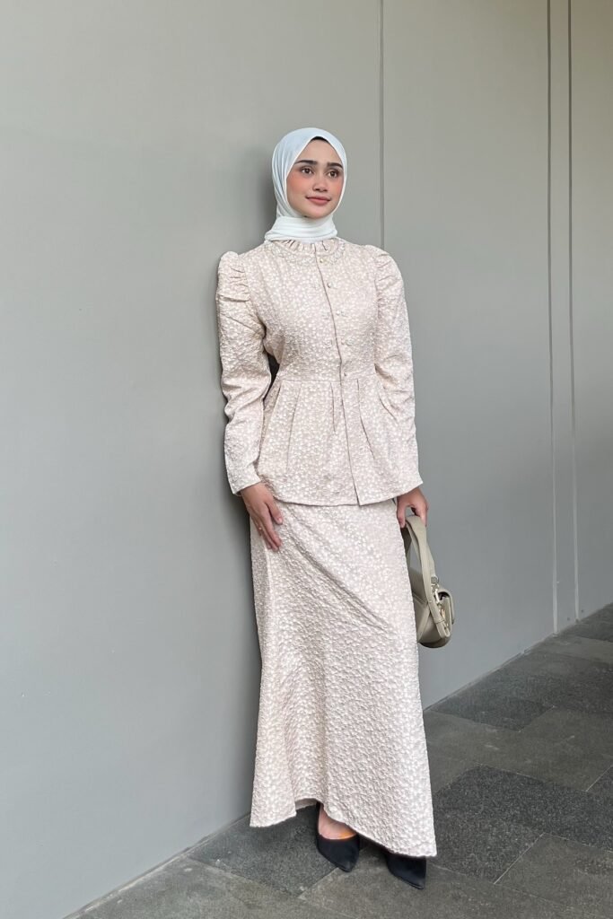 Beige Floral Textured Peplum Top + Matching Maxi Skirt + White Hijab + Black Pointed Flats