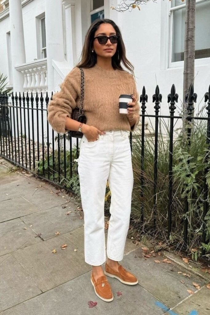 Beige Fuzzy Sweater + White Straight-Leg Jeans + Tan Suede Loafers