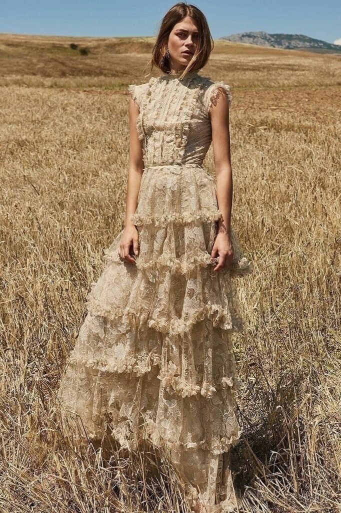 Beige Lace Ruffled Gown + High Neckline + Tiered Maxi Skirt