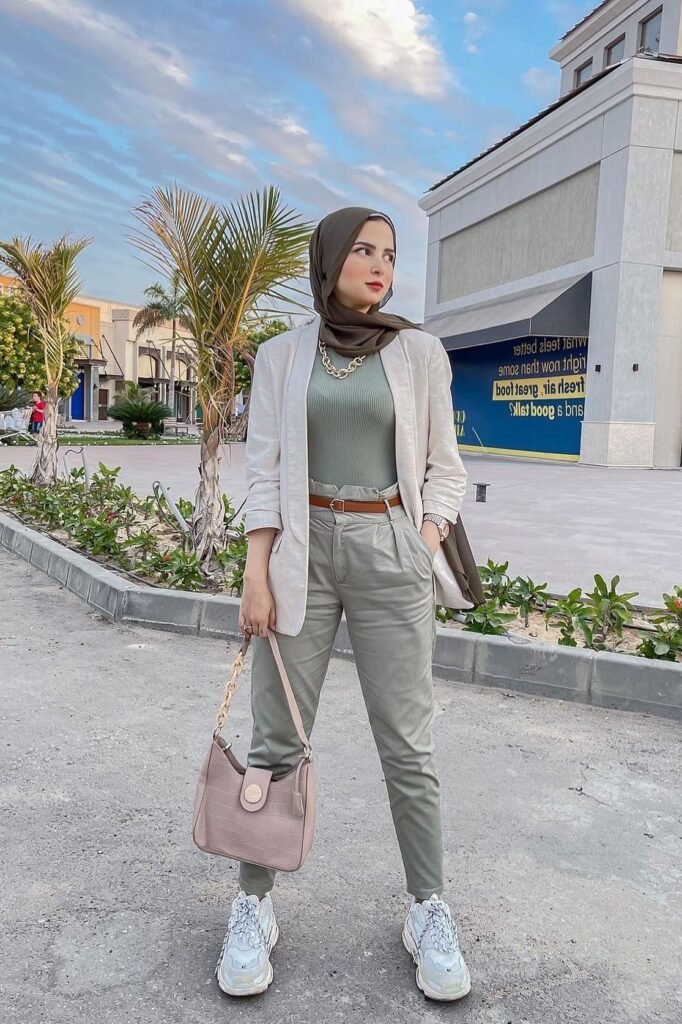 Beige Linen Blazer + Sage Green Ribbed Top + Sage Green Trousers + White Chunky Sneakers