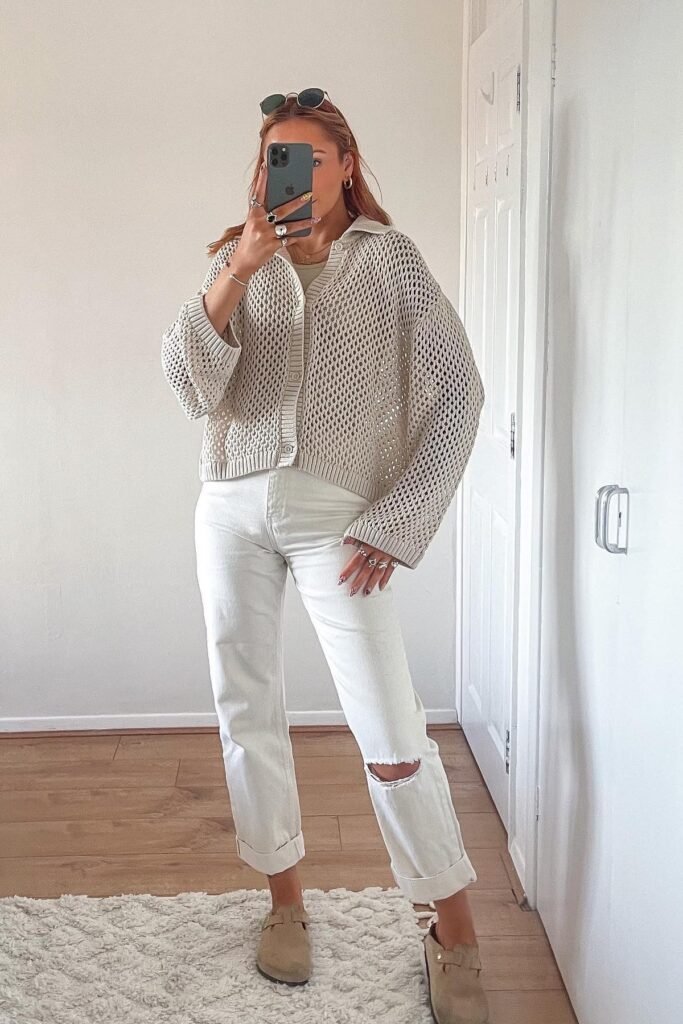Beige Mesh Knit Cardigan + White Ripped Straight-Leg Jeans + Beige Suede Clogs