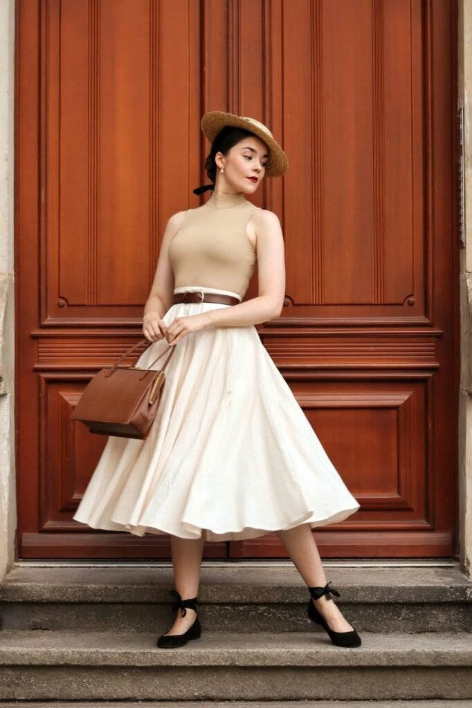 Beige Mock-Neck Bodysuit + White A-Line Midi Skirt + Black Lace-Up Flats