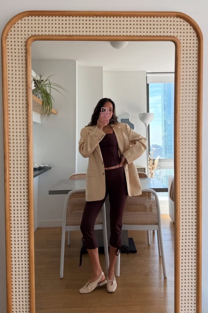 Beige Oversized Blazer + Chocolate Brown Tank Top + Matching Capri Leggings + Cream Slingback Flats