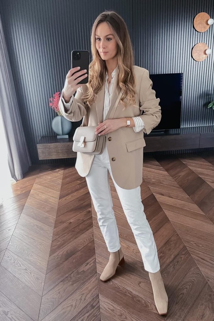 Beige Oversized Blazer + Striped Button-Down Shirt + White Slim Jeans + Tan Square-Toe Boots
