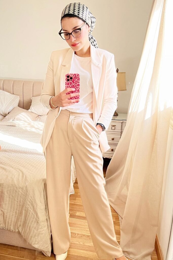 Beige Oversized Blazer + White T-Shirt + Tan High-Waisted Pleated Trousers + White Pointed Heels