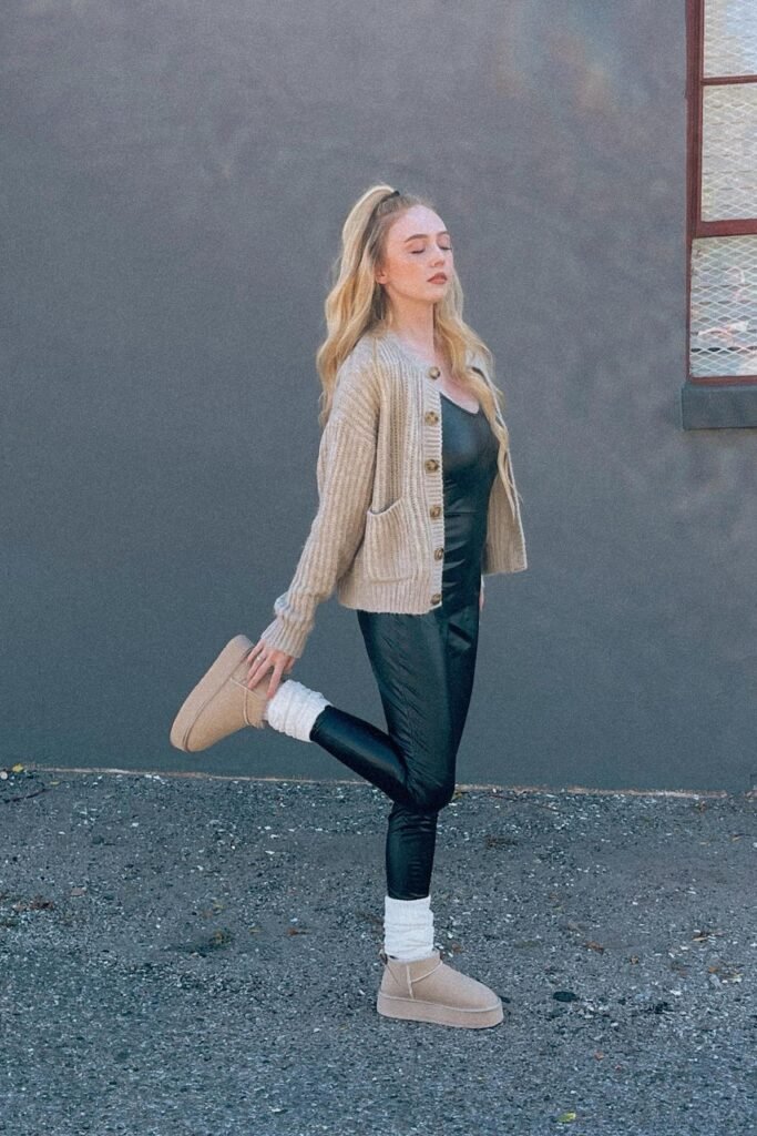 Beige Ribbed Cardigan + Black Leather Jumpsuit + Platform Tan Boots