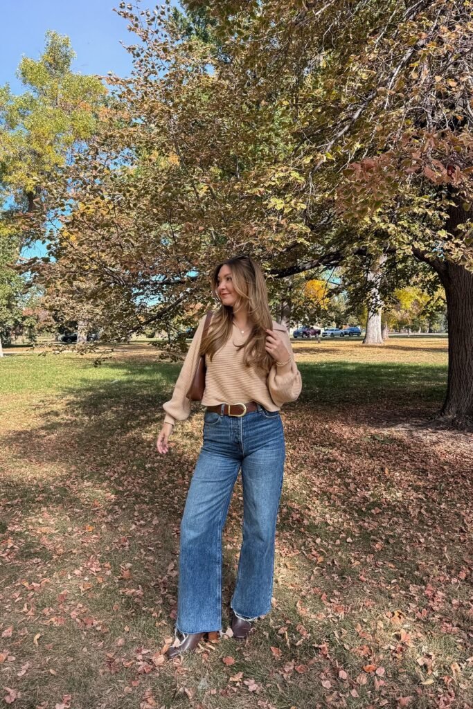 Beige Ribbed V-Neck Sweater + Wide-Leg Blue Jeans + Brown Boots